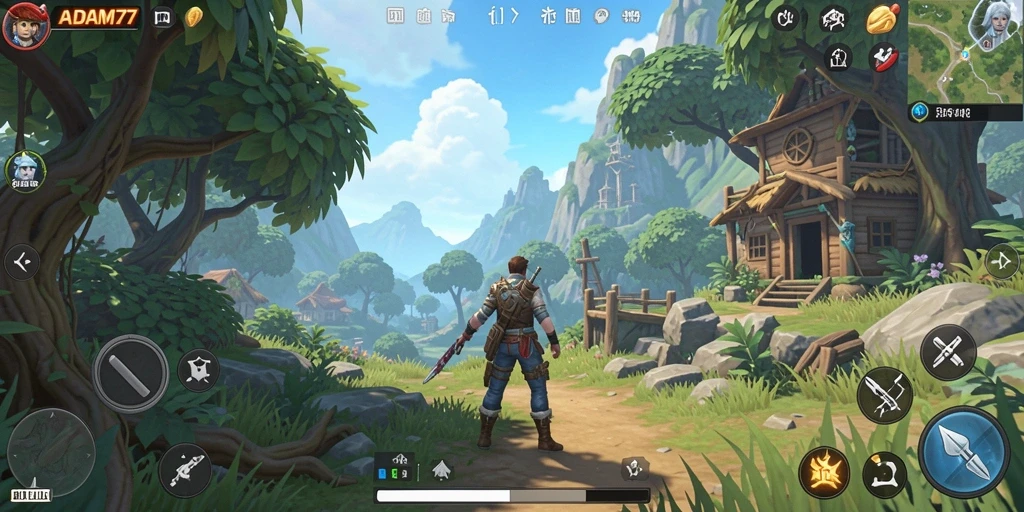 Screenshot gameplay ADAM77 menampilkan petualangan seru di dunia terbuka.