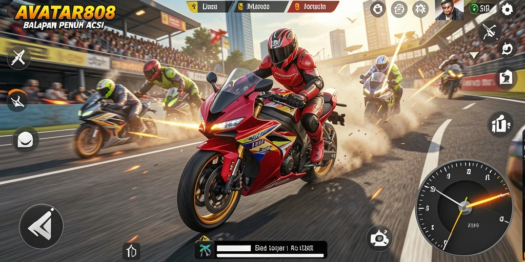Tampilan gameplay seru dalam balapan motor cepat.