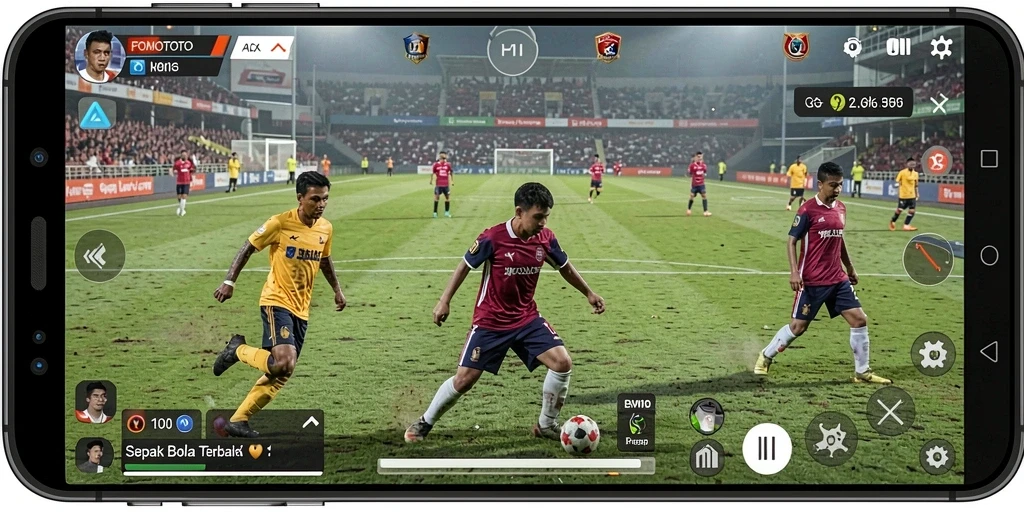 Screenshot menunjukkan gameplay realistis FOMOTOTO dengan aksi sepak bola seru.