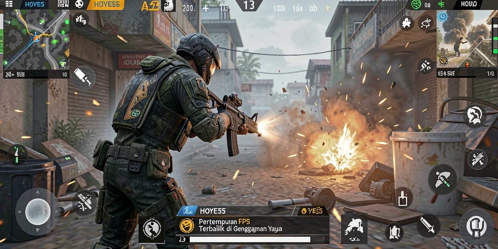 Tampilan gameplay yang mendebarkan dari HOYE55 dalam pertempuran FPS.