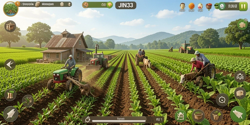 Screenshot gameplay menunjukkan aktivitas bertani di lahan yang indah.