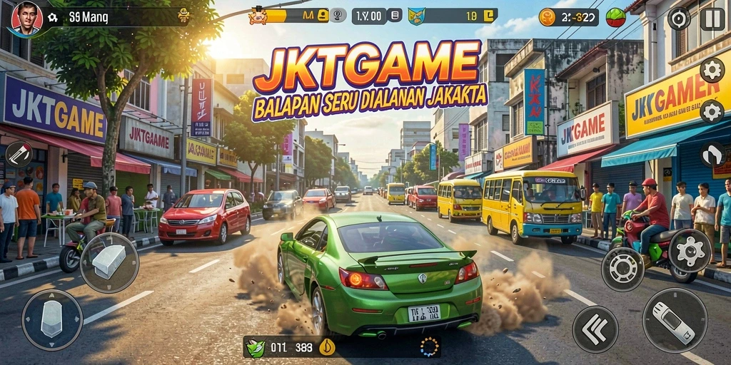 Gameplay balapan seru di JKTGAME dengan kendaraan yang beragam.