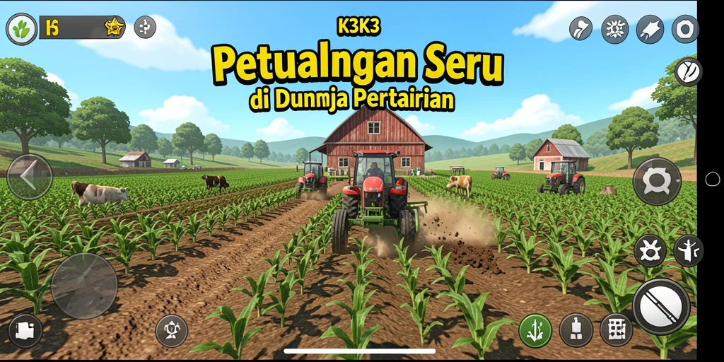 Screenshot gameplay K3K3 yang menampilkan kegiatan bertani yang menyenangkan.