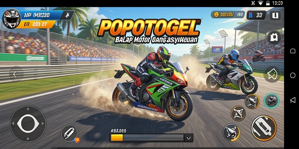 Screenshot gameplay dari POPOTOGEL menampilkan aksi balap motor yang mendebarkan.