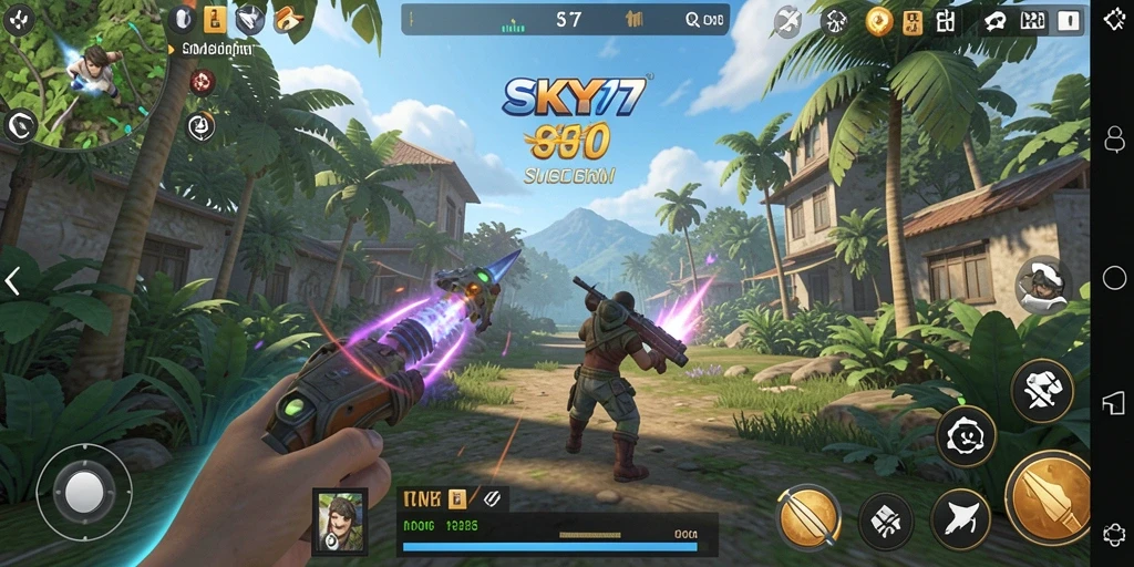 Screenshot gameplay SKY77 menunjukkan interaksi karakter dalam dunia simulasi.