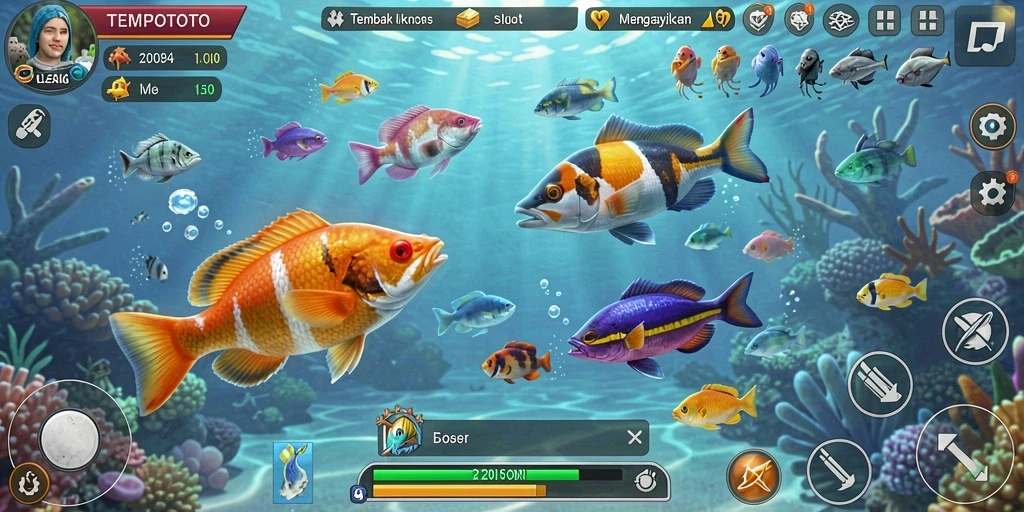Screenshot TEMPOTOTO menunjukkan serunya menangkap ikan berwarna-warni.